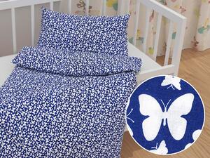Biante Detské bavlnené posteľné obliečky do postieľky Sandra SA-376 Biele motýliky na modrom Do postieľky 90x140 a 50x70 cm