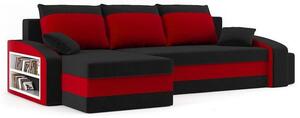 Rozkladacia rohová sedacia súprava s taburetkami a poličkou HEWLET Čierna/červená Ľavá