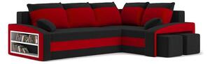 Rozkladacia rohová sedacia súprava s taburetkami a poličkou GRANDE Čierna/červená Pravá
