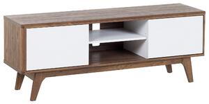 TV stolík biela tmavé drevo MDF 53 x 142 x 40 cm úložný priestor 2 skrinky 2 police na nožičkách moderný rustikálny štýl obývačka