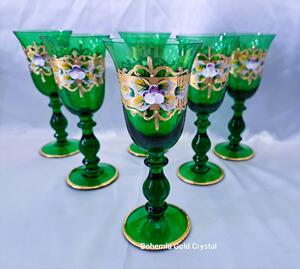 Farebné poháre na likér, bohato zdobené zlatom a smaltom 60 ml, 6 ks - Zelená