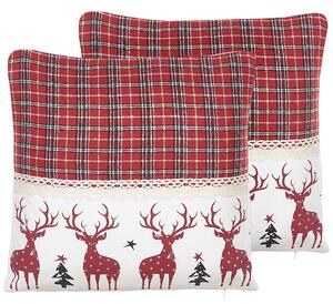Sada 2 dekoratívnych vankúšov červená biela polyester bavlna 45 x 45 cm štvorcový tvar zvierací vzor soby Vianoce tradičný štýl doplnky