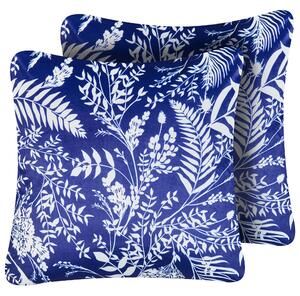 Sada 2 vonkajších dekoratívnych vankúšov modrá polyester 45 x 45 cm rastlinný vzor záhradné doplnky