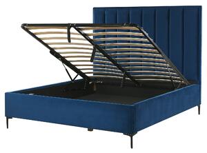 Posteľ s úložným priestorom modrá zamatové čalúnenie 140 x 200 cm čierne kovové nohy prešívané čelo lamelový rošt moderný štýl spálňa