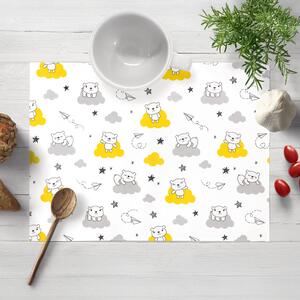 Biante Detské bavlnené prestieranie na stôl Sandra SA-725 Medvedíky na žlto-sivých obláčikoch na bielom 30x40 cm