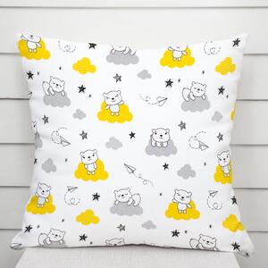 Biante Detská bavlnená obliečka na vankúš Sandra SA-725 Medvedíky na žlto-sivých obláčikoch na bielom 30 x 50 cm