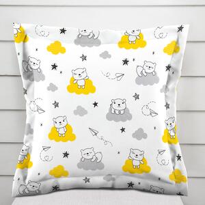 Biante Detská bavlnená obliečka na vankúš s lemom Sandra SA-725 Medvedíky na žlto-sivých obláčikoch na bielom 30 x 50 cm