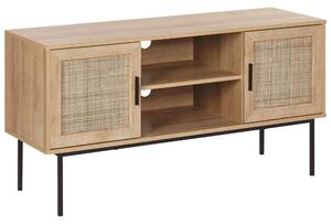 TV stolík svetlé drevo prírodné ratanové dvere prútený čierne kovové nohy 120 x 63 cm úložný priestor boho štýl obývačka