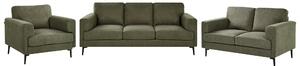 Sedacia súprava zelené látkové čalúnenie železné nohy dvoj a trojmiestna pohovka kreslo minimalistický štýl mid century modern