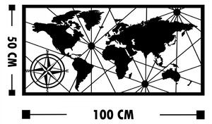 Hanah Home Nástenná kovová dekorácia Mapa sveta kompas 100x50 cm čierna