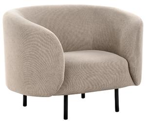 Kreslo sivobéžové polyester látkové čalúnenie čierne kovové nohy zaoblený tvar moderný art deco štýl obývačka spálňa
