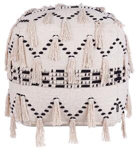 Puf taburetka na sedenie béžová s čiernym bavlnená so strapcami boho retro dekoratívne doplnky