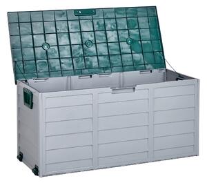 Záhradný úložný box béžová zelená plast 112 x 50 cm s úchytkami na kolieskach krabica na náradie exteriér