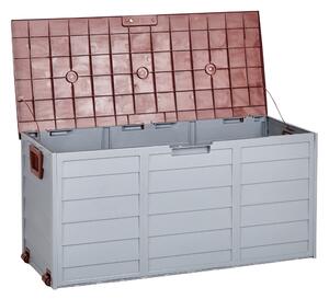 Záhradný úložný box béžová hnedá plast 112 x 50 cm s úchytkami na kolieskach krabica na náradie exteriér