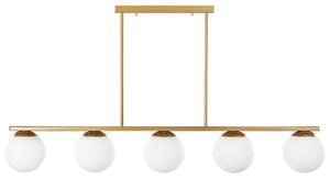 Závesná lampa zlatá biela kov sklo matný povrch 60 cm 5 okrúhlych guľových tienidiel moderný glamour štýl osvetlenie