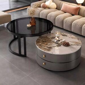 LuxuryForm DESIGN Konferenčný stolík ORION 70 × 70 / 50 × 50 cm – sivý / béžový mramor + sklo (set 2 ks)