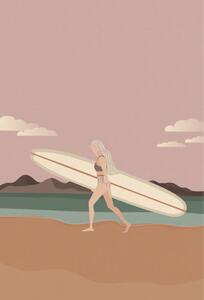 Ilustrácia Surfer girl walking on the beach, LucidSurf