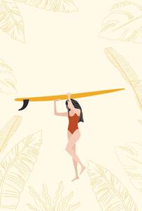 Ilustrácia Surfer Girl Holding the Longboard Surfboard,, LucidSurf