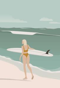 Ilustrácia Surfer Girl Walking on the Beach,, LucidSurf