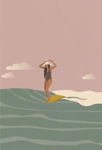 Ilustrácia Surfer girl on a longboard surfboard,, LucidSurf