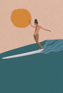 Ilustrácia Female Longboard Surfer riding the wave,, LucidSurf