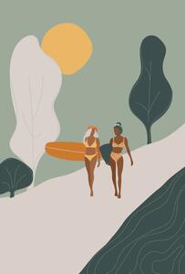 Ilustrácia Surfer Girls walking with the surfboards, LucidSurf