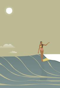 Ilustrácia Surfer girl full moon retro style vector, LucidSurf
