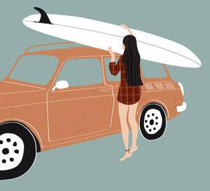 Ilustrácia Flat illustration of surfer girl holding, LucidSurf