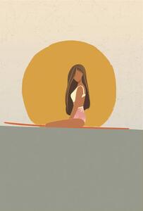 Ilustrácia Surfer girl at sunset sitting on, LucidSurf