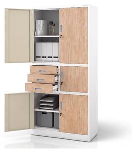 Kovová kancelárska skriňa so sejfom biela, dub sonoma, 900x1850x400 mm: FILIP II Eco Design