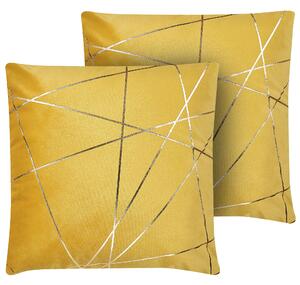 Sada 2 dekoratívnych vankúšov žltá zlatá zamat 45 x 45 cm geometrický vzor štvorcový tvar snímateľné poťahy glamour štýl doplnky