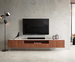 DELIFE TV stolík Secara 220 cm akácia hnedá 2 dvierka 2 zásuvky mramor závesný