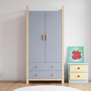 Dvojdverová šatová skriňa s vešiakom a dvoma zásuvkami, rozmer 89,6 × 44 × 180,5 cm, farba: modrá a prírodná