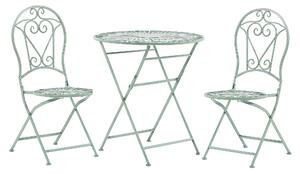Balkónová bistro sada zelená kovová okrúhly stolík 70 cm skladacie stoličky vintage balkón terasa