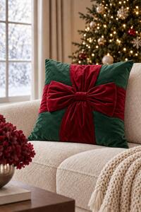 Velúrová obliečka na vankúš CHRISTMAS BOW zelená 45x45 cm