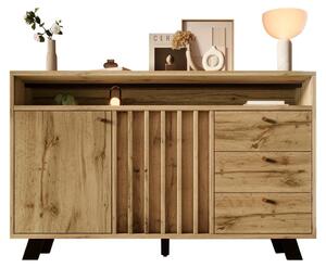 Komoda s rozmermi 120x40x85 cm, s povrchovou úpravou imitujúcou tmavé dubové drevo, s lameločnou prednou časťou, 3 zásuvkami a 2 dvierkami, v vintage štýle, vhodná do obývačky, jedálne a predsiene