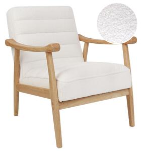 Kreslo biele buklé čalúnenie polyester retro dizajn drevené nohy opierky rúk obývacia izba