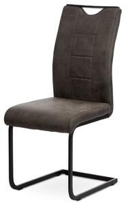 Jedálenská stolička, poťah sivá látka v dekore vintage kože, biele prešitie, kovová pohupová podnož, čierny matný l