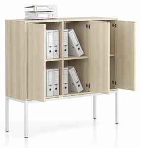 Kancelárska skriňa FRAME, nízka, biela podnož, 3x dvere, 1299 x 450 x 1331 mm, PUSH-lock, dub prírodný
