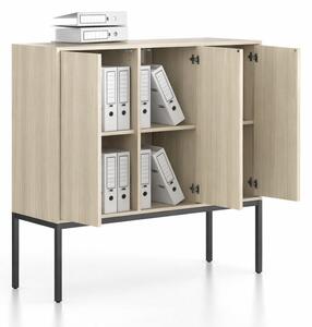 Kancelárska skriňa FRAME, nízka, čierna podnož, 3x dvere, 1299 x 450 x 1331 mm, PUSH-lock, dub prírodný
