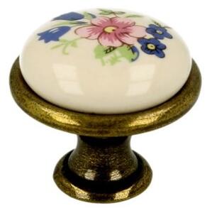 Úchytka knobka ATM FLORENCE / patina mosadz porcelán kvet / priemer 28,1 mm