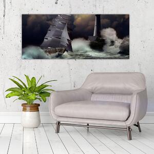 Obraz - Loď plávajúca cez búrlivé vlny (120x50 cm)