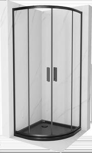 Mexen Rio, štvrťkruhový sprchovací kút s posuvnými dverami 90 x 90 cm, 6mm číre sklo, čierny profil + čierna sprchová vanička, 863-090-090-70-00-4170B