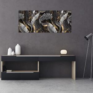 Obraz - Tropické listy v čierno-zlatej (120x50 cm)