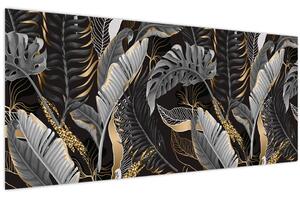 Obraz - Tropické listy v čierno-zlatej (120x50 cm)