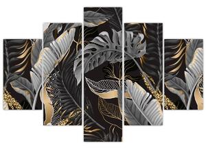 Obraz - Tropické listy v čierno-zlatej (150x105 cm)