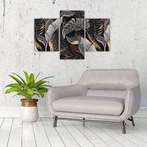 Obraz - Tropické listy v čierno-zlatej (90x60 cm)