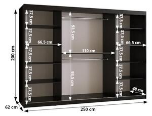 Šatníková skriňa so zrkadlom RADKIN 2 - šírka 250 cm, čierna / biela