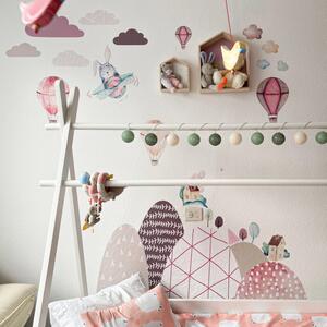 INSPIO-textilná prelepiteľná nálepka - Samolepky na stenu - Kopce a balóny v ružovom do detskej izby