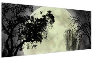 Obraz - Spln nad hladinou, čiernobiely variant (120x50 cm)